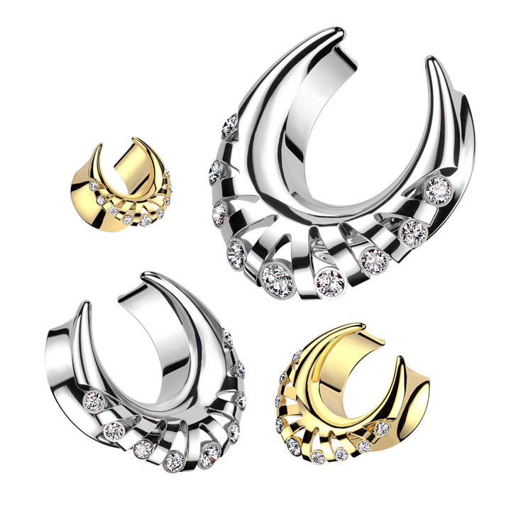 316L Surgical Steel Gold PVD White CZ Flare Half Saddle Double Flared Ear Tunnels - Pierced Universe