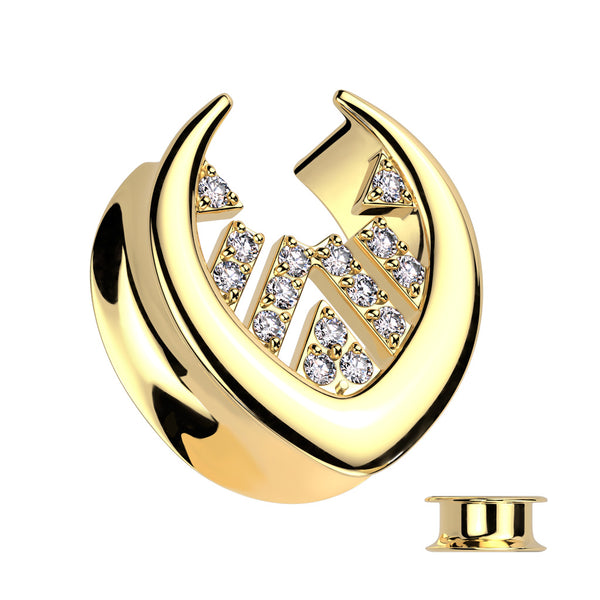 316L Surgical Steel Gold PVD White CZ Studded Half Saddle Double Flared Ear Tunnels 316L Surgical Steel Gold PVD White CZ Studded Half Saddle Double Flared Ear Tunnels