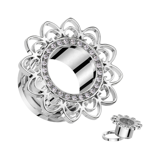 316L Surgical Steel Flower White CZ Gem Screw On Ear Tunnels 316L Surgical Steel Flower White CZ Gem Screw On Ear Tunnels