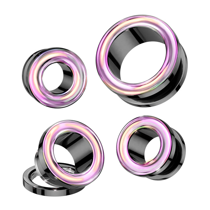 316L Surgical Steel Black PVD Iridescent Rainbow Screw On Flared Tunnels - Pierced Universe