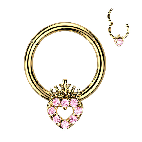 316L Surgical Steel Gold PVD Pink CZ Heart With Crown Hinged Clicker Hoop