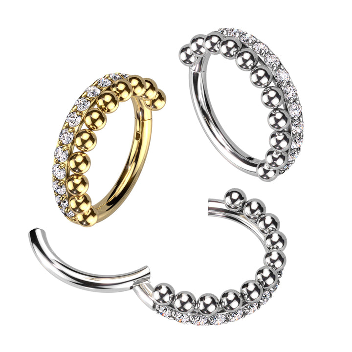 316L Surgical Steel Gold PVD Beaded White CZ Hinged Clicker Hoop - Pierced Universe