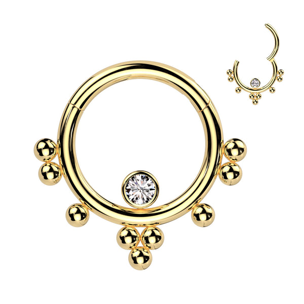 316L Surgical Steel Gold PVD White CZ Beaded Tribal Hinged Clicker Hoop - Pierced Universe