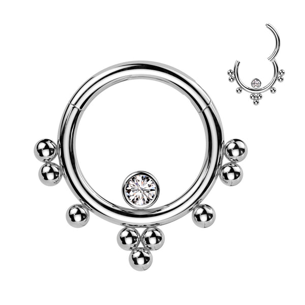 316L Surgical Steel White CZ Beaded Tribal Hinged Clicker Hoop - Pierced Universe