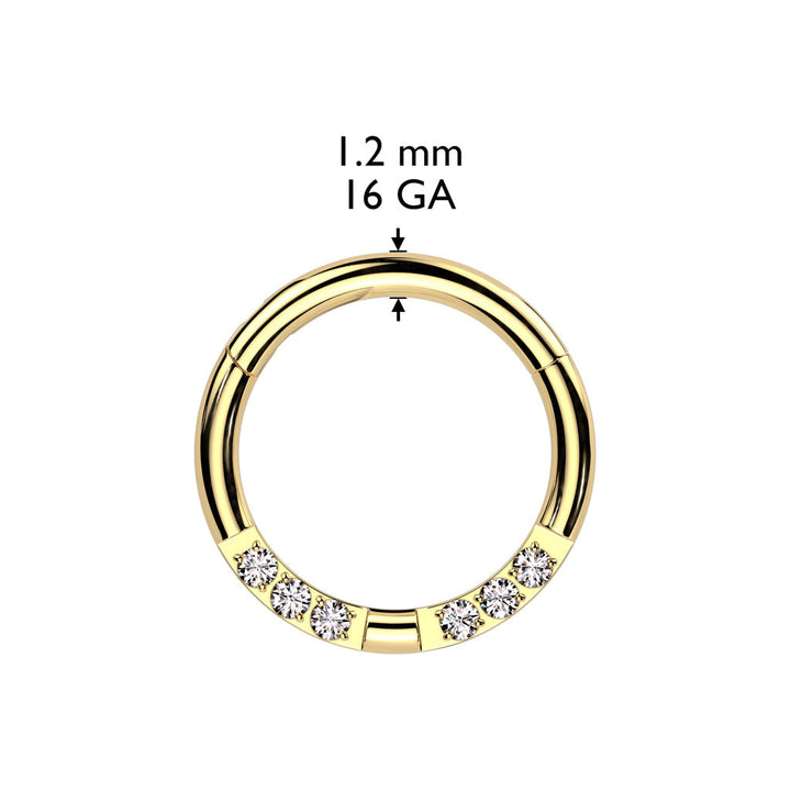 316L Surgical Steel Gold PVD White CZ 6 Gem Pave Hinged Clicker Hoop - Pierced Universe