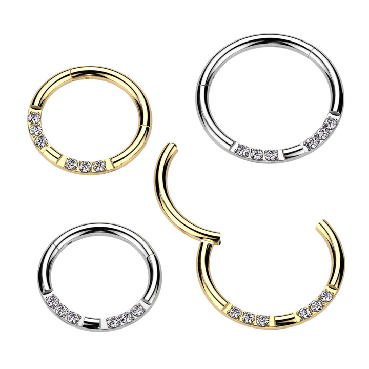 316L Surgical Steel Gold PVD White CZ 6 Gem Pave Hinged Clicker Hoop - Pierced Universe