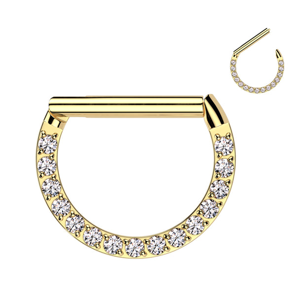 316L Surgical Steel Gold PVD White CZ Pave D Shaped Hinged Septum Clicker - Pierced Universe