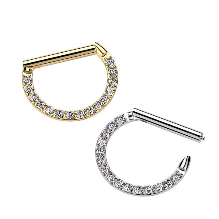 316L Surgical Steel Gold PVD White CZ Pave D Shaped Hinged Septum Clicker - Pierced Universe