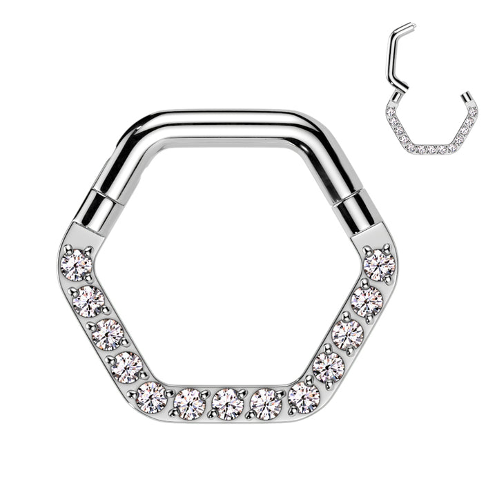 316L Surgical Steel White CZ Pave Hexagon Helix Hinged Clicker Hoop - Pierced Universe