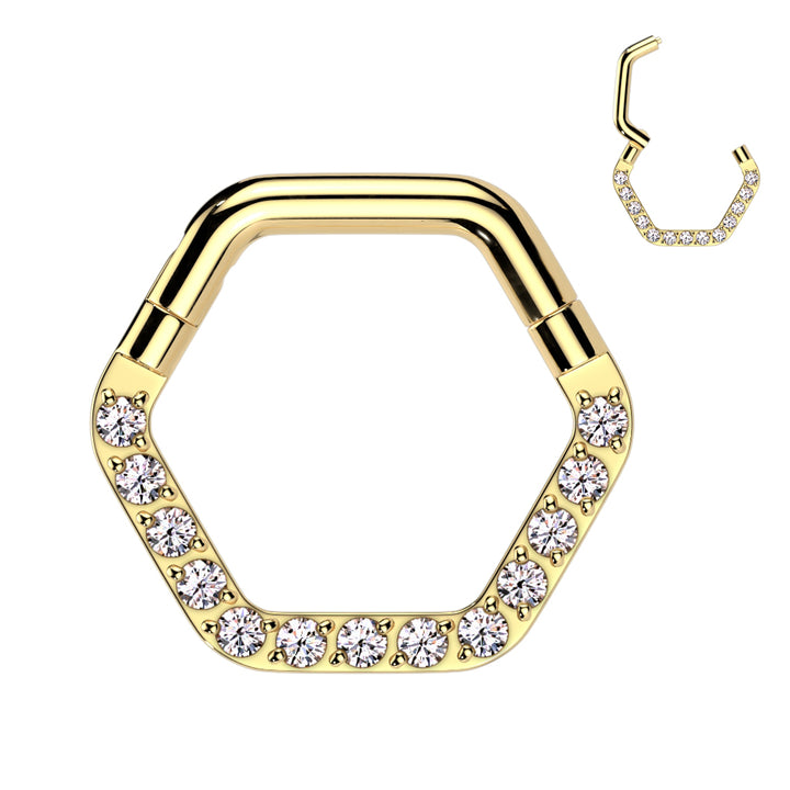 316L Surgical Steel Gold PVD White CZ Pave Hexagon Helix Hinged Clicker Hoop - Pierced Universe