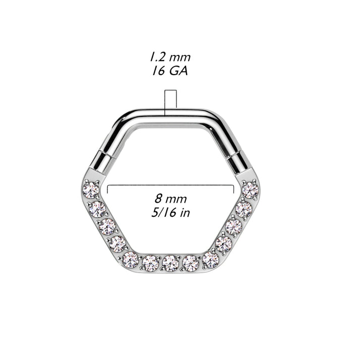 316L Surgical Steel Gold PVD White CZ Pave Hexagon Helix Hinged Clicker Hoop - Pierced Universe