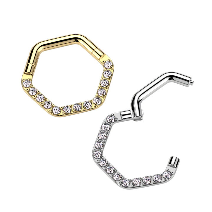 316L Surgical Steel White CZ Pave Hexagon Helix Hinged Clicker Hoop - Pierced Universe