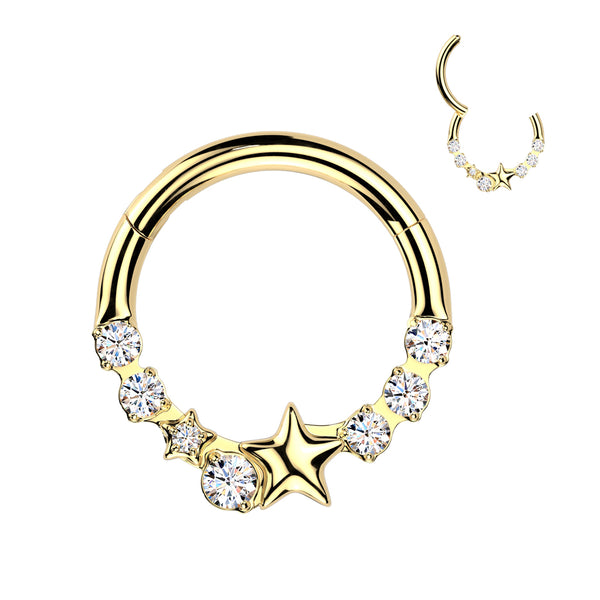 316L Surgical Steel Gold PVD White CZ Dainty Star Hinged Clicker Hoop