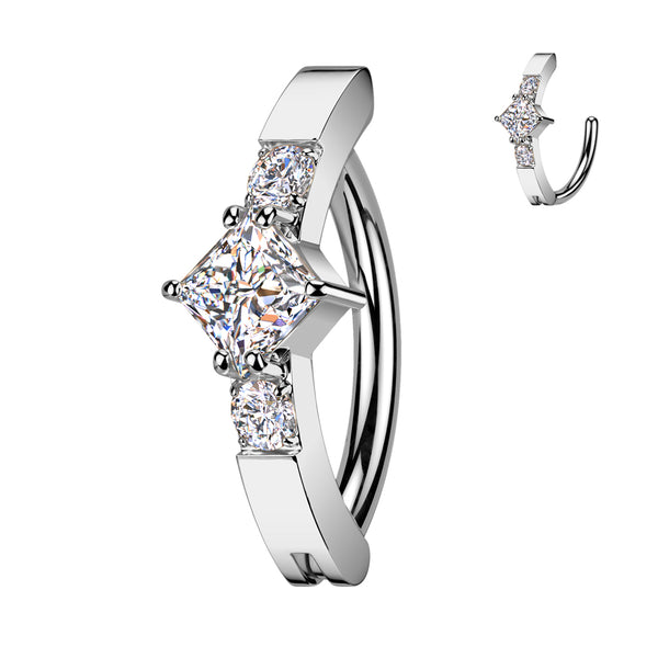 316L Surgical Steel White CZ Square Gem Hinged Clicker Belly Ring - Pierced Universe