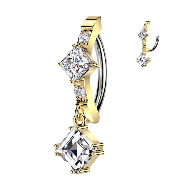 316L Surgical Steel Gold PVD White CZ Square Shaped Gem Dangle Hinged Clicker Belly Ring