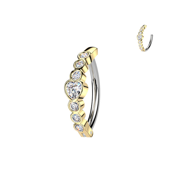 316L Surgical Steel Gold PVD White CZ Bezel Heart Hinged Clicker Belly Ring - Pierced Universe