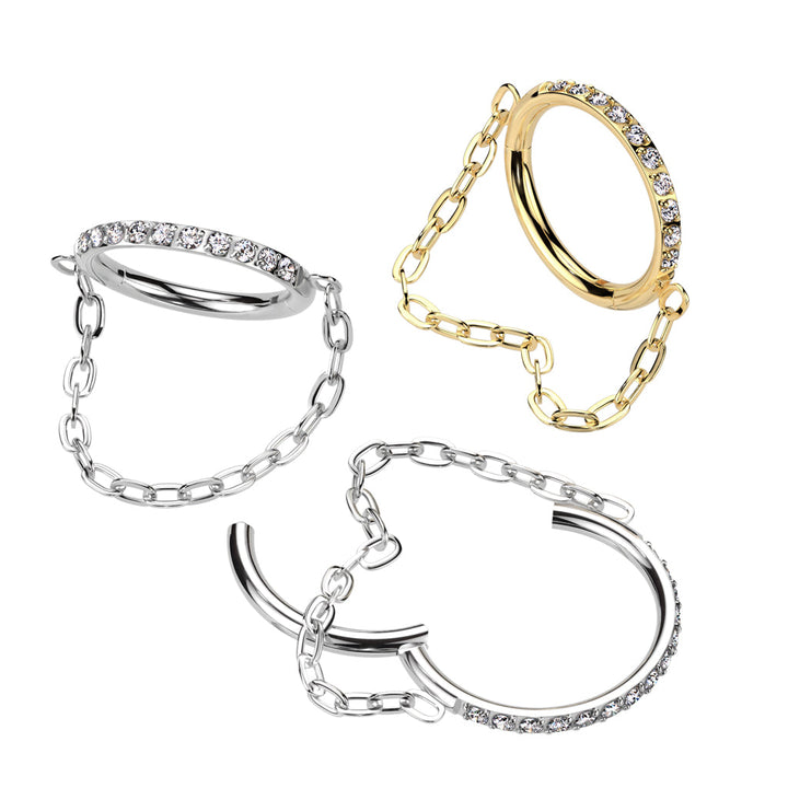 Implant Grade Titanium Gold PVD White CZ Pave Chain Dangle Hinged Clicked Hoop - Pierced Universe