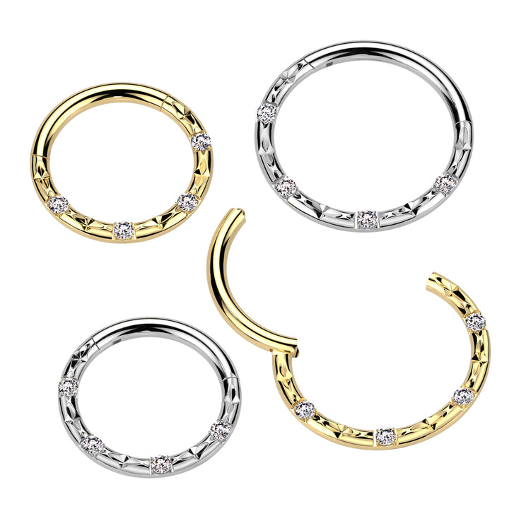 Implant Grade Titanium Gold PVD White CZ Studded Hinged Clicker Hoop - Pierced Universe