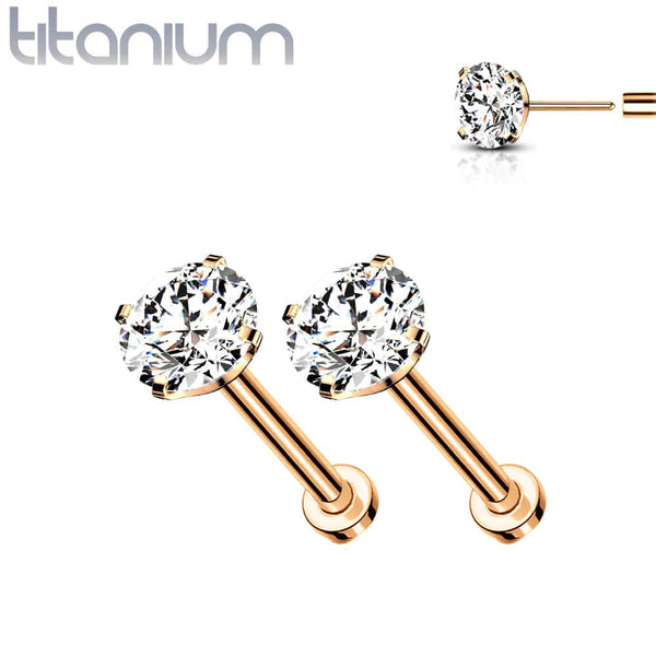 Pair Of Implant Grade Titanium Rose Gold PVD White CZ Threadless Push In Earring Studs With Flat Back - Pierced Universe
