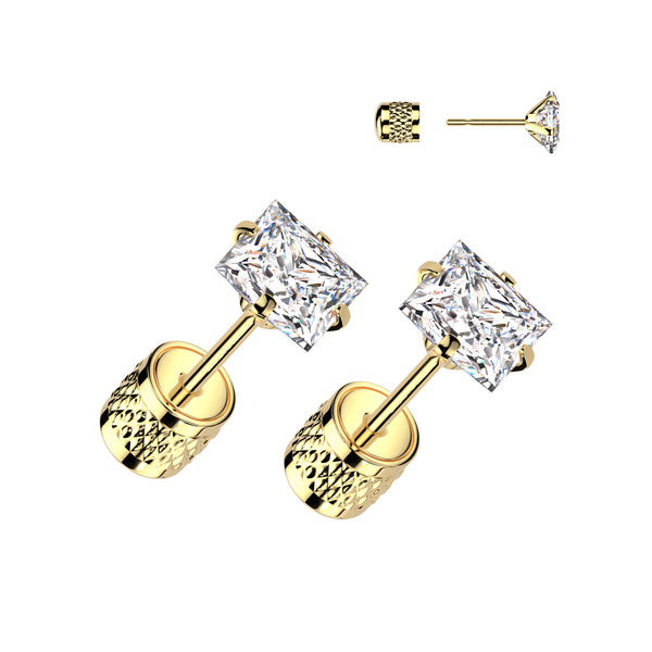 Pair of 316L Surgical Steel Gold PVD Push In Backing White CZ Square Gem Stud Earrings - Pierced Universe