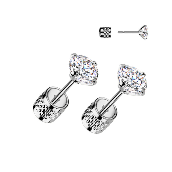 Pair of 316L Surgical Steel Push In Backing White CZ Stud Earrings