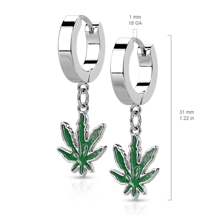 Pair of 316L Surgical Steel Green Marijuana Weed Leaf Dangle Hoop Earrings - Pierced Universe