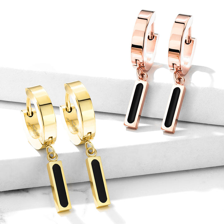Pair of 316L Surgical Steel Rose Gold PVD Black Rectangle Dangle Hoop Earrings - Pierced Universe