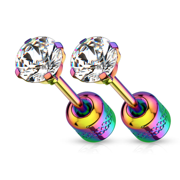 Pair of Screw Back 316L Surgical Steel Rainbow PVD White CZ Stud Earrings