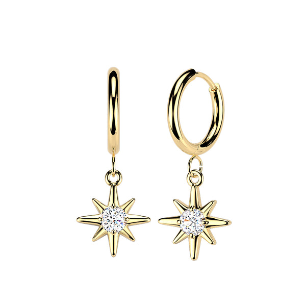 Pair of 316L Surgical Steel Gold PVD White CZ Starburst Large Dangle Hinged Hoop Earrings
