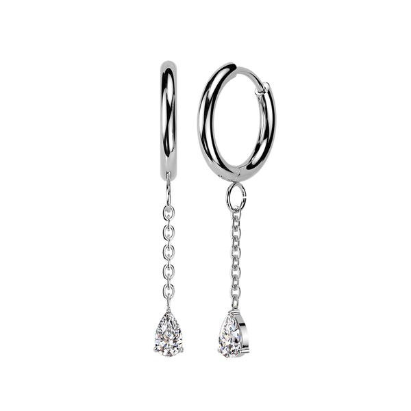 Pair of 316L Surgical Steel White CZ Long Teardrop Dangle Hinged Hoop Earrings