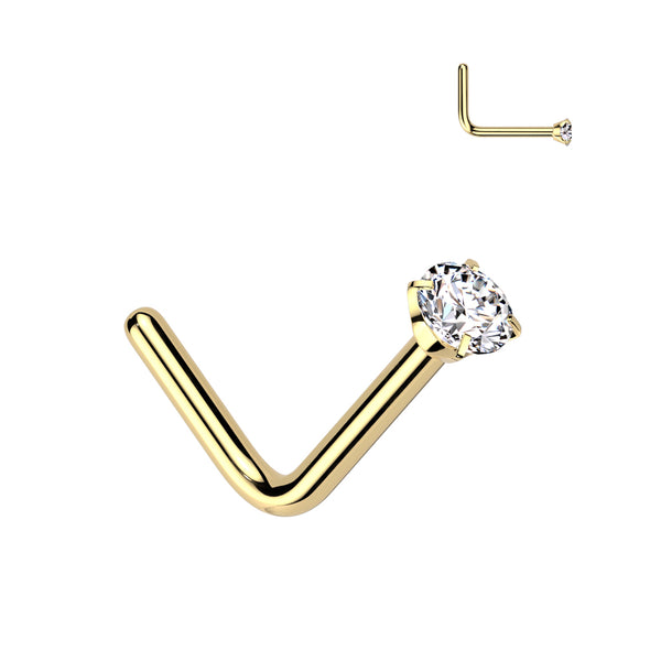 Implant Grade Titanium Gold PVD White CZ L Shape Nose Stud
