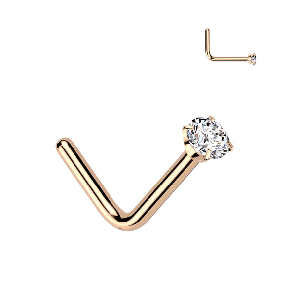 Implant Grade Titanium Rose Gold PVD White CZ L Shape Nose Stud