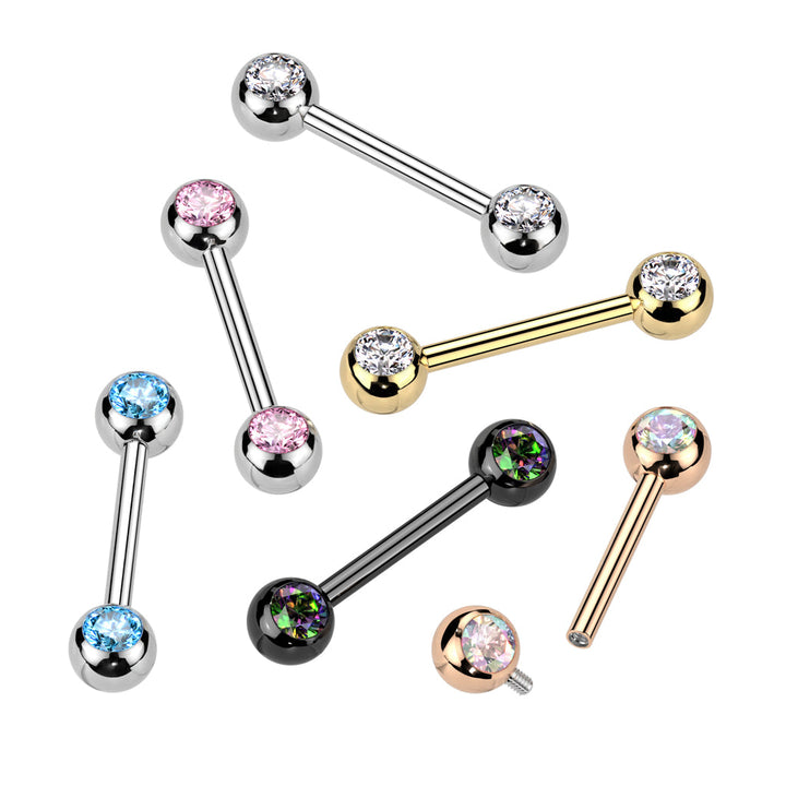 Titanium Internally Threaded Aqua CZ Ball Gem Nipple Ring - Pierced Universe