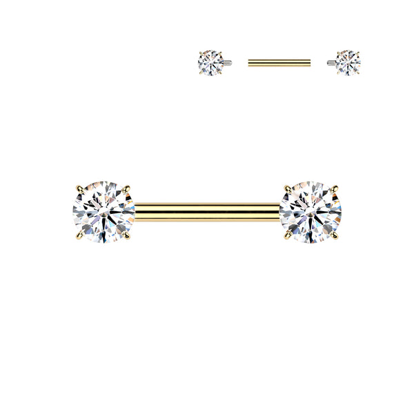 Implant Grade Titanium Gold PVD White CZ Internally Threaded Straight Barbell Nipple Ring