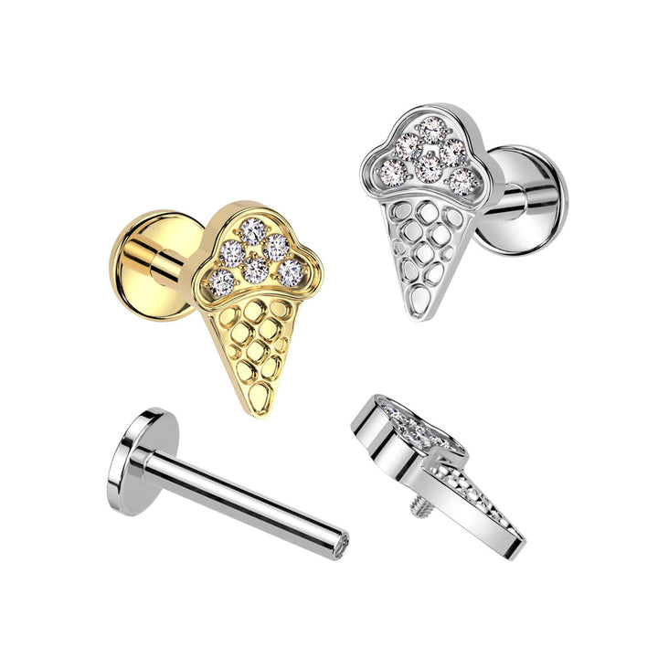 Implant Grade Titanium Gold PVD White CZ Ice Cream Internally Threaded Flat Back Labret - Pierced Universe