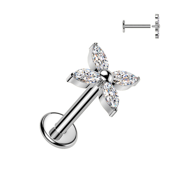 Implant Grade Titanium White CZ Large Four Petal Flower Internally Threaded Flat Back Labret