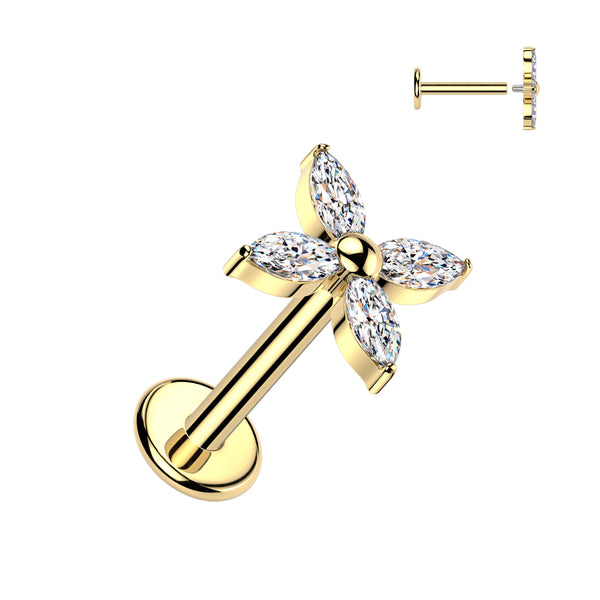 Implant Grade Titanium Gold PVD White CZ Large Four Petal Flower Internally Threaded Flat Back Labret