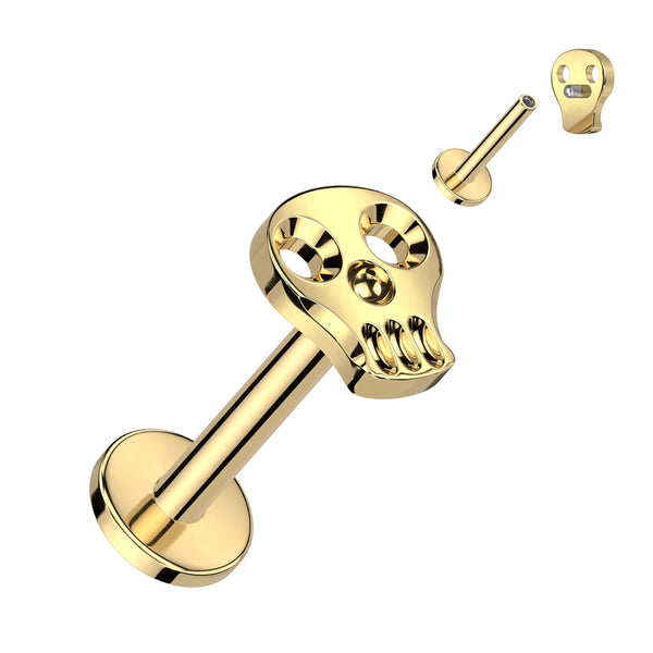 Implant Grade Titanium Gold PVD Skull Internally Threaded Flat Back Labret Implant Grade Titanium Gold PVD Skull Internally Threaded Flat Back Labret