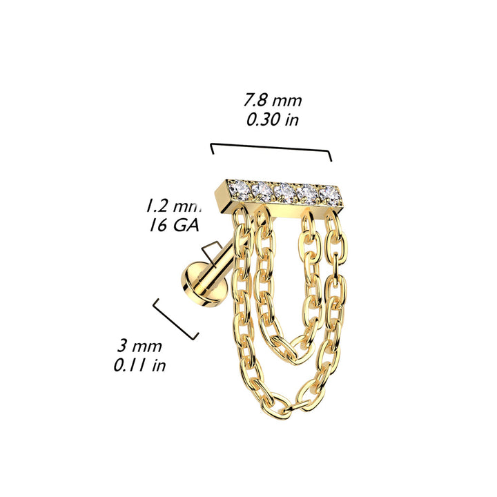 Implant Grade Titanium Gold PVD White CZ Studded Bar Chain Dangle Flat Back Labret - Pierced Universe