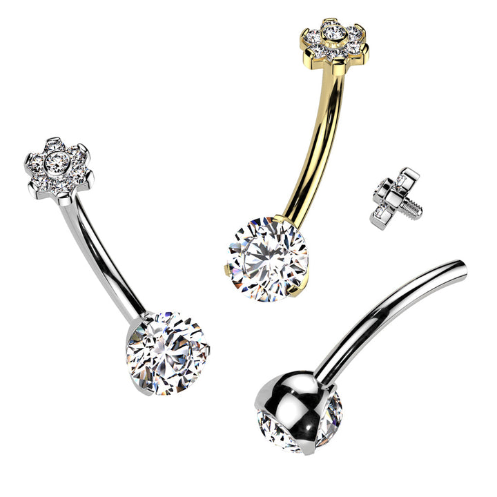 Implant Grade Titanium Gold PVD White CZ Internally Threaded Flower Top Belly Ring - Pierced Universe