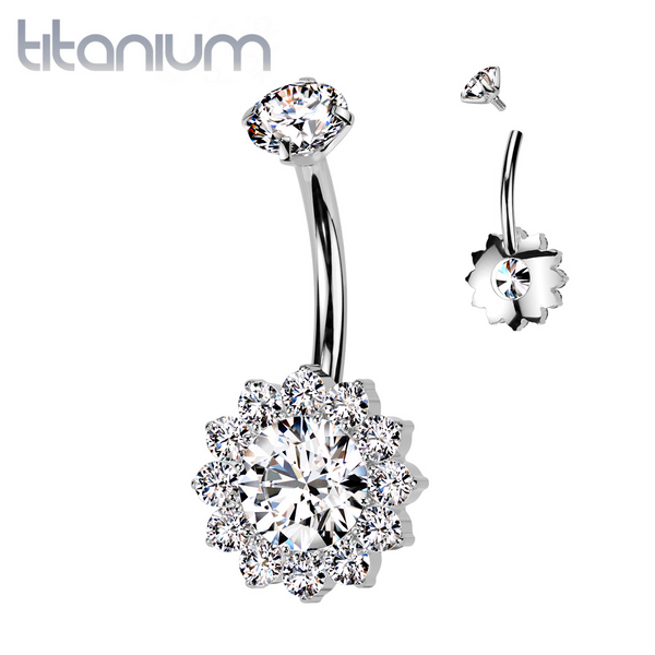 Implant Grade Titanium White CZ Large Flower Internally Threaded Belly Ring