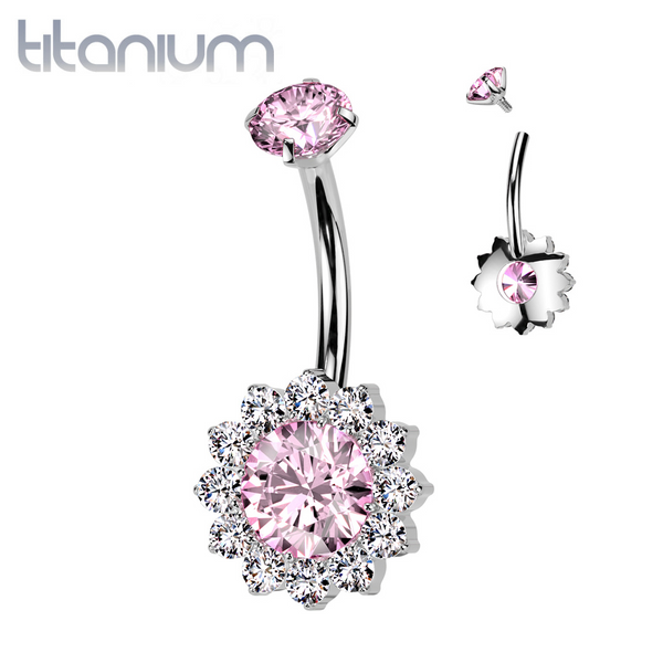 Implant Grade Titanium White CZ Pink Large Flower Internally Threaded Belly Ring