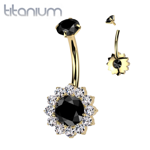 Implant Grade Titanium Gold PVD White CZ Black Large Flower Internally Threaded Belly Ring