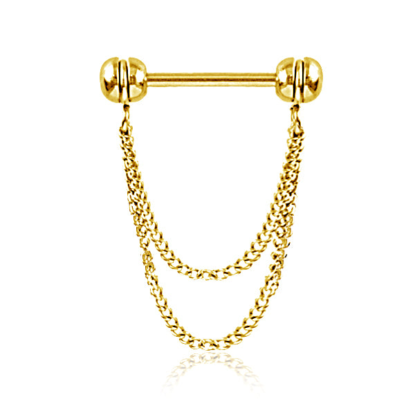 316L Surgical Steel Gold PVD Double Chain Dangle Nipple Ring Straight Barbell