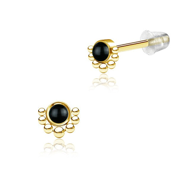 Pair of 316L Surgical Steel Gold PVD Beaded Boho Black Agate Stud Earrings