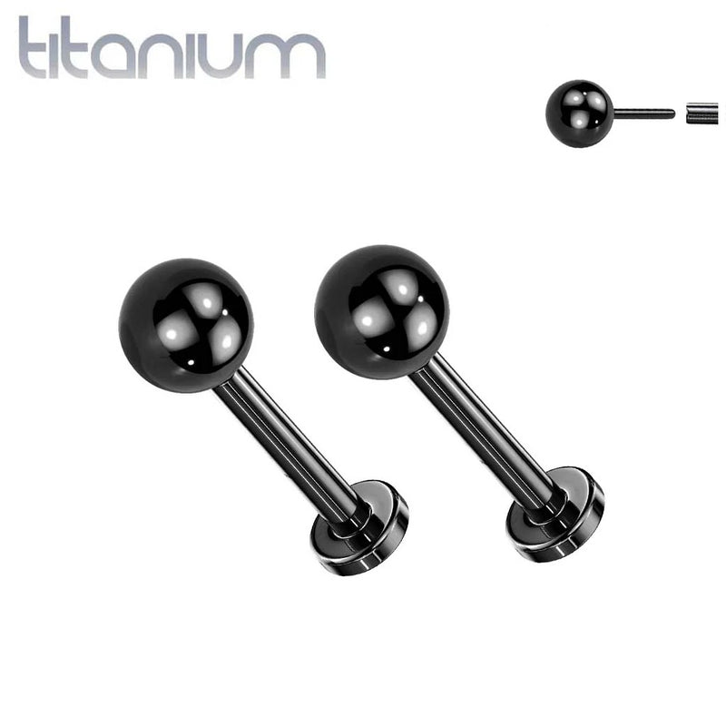 Pair of Implant Grade Titanium Black PVD Ball Top Threadless Push In Earrings With Flat Back - Pierced Universe