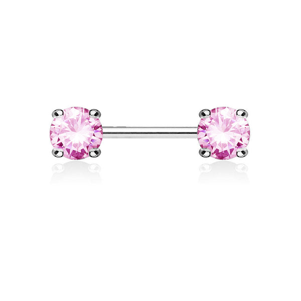 316L Surgical Steel Prong Double Round Pink CZ Nipple Ring Barbell - Pierced Universe