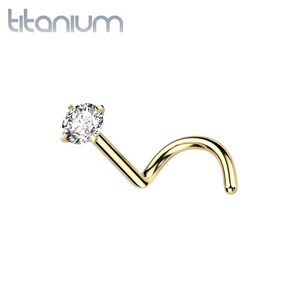 Implant Grade Titanium Gold PVD Corkscrew Nose Ring Stud  White CZ Gem - Pierced Universe