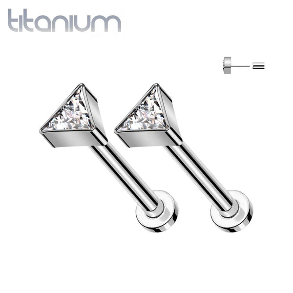 Pair of Implant Grade Titanium White CZ Triangle Threadless Push In Earrings With Flat Back - Pierced Universe