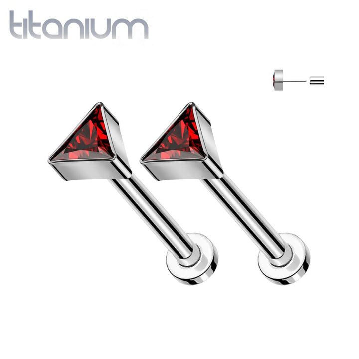 Pair of Implant Grade Titanium Red CZ Triangle Threadless Push In Earrings With Flat Back - Pierced Universe